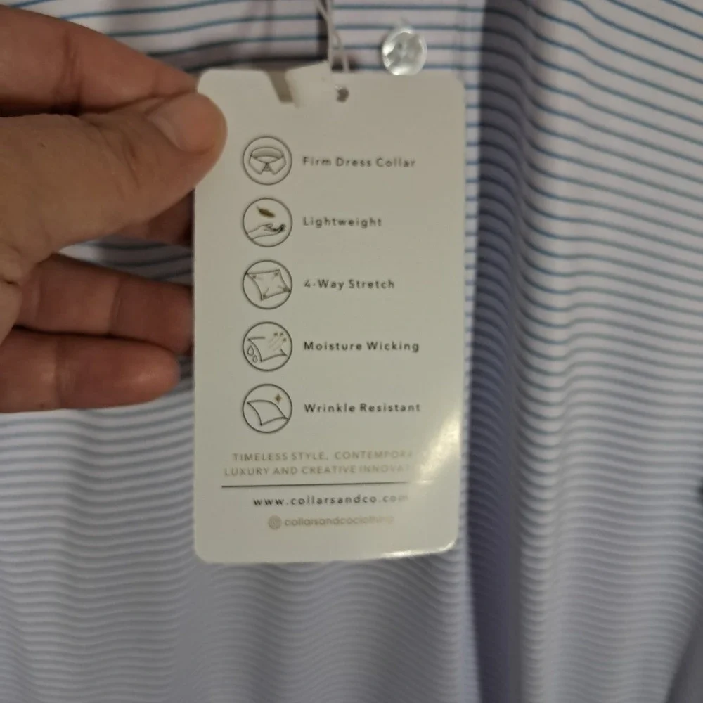 Collars & Co‎ Featherweight Flex Dress Collar Polo Shirt Small Blue Thin Stripe